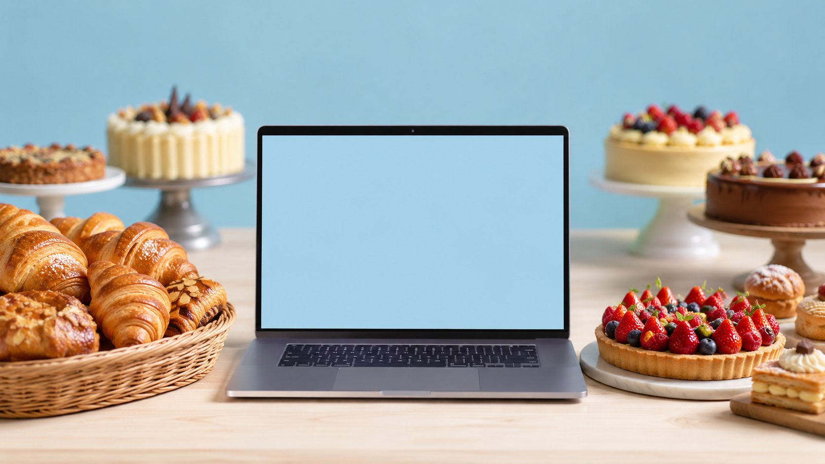 Ordinateur présentant Mon Pâtissier sur une table entourée de viennoiseries et de gâteaux